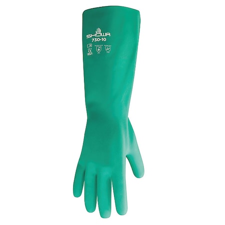 Chemical Resistant Gloves, Nitrile, 15 mil, 13 in L, Flock Lining, Bisque Texture, Green, Size 9,PR