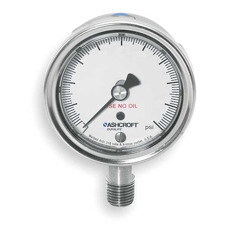 Industrial Pressure Gauge, 0 to 200 psi, 2 1/2 in Dial, 1/4 in NPT, Bottom Location