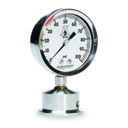 Pressure Gauge, 0 to 100 psi, 2 1/2 in Dial, 2 in Tri-Clamp, Bottom Location