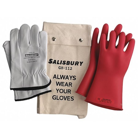 Electrical Rubber Glove Kit, Leather Protectors, Glove Bag, Red, 11 in, Class 0, Size 10, 1 Pair