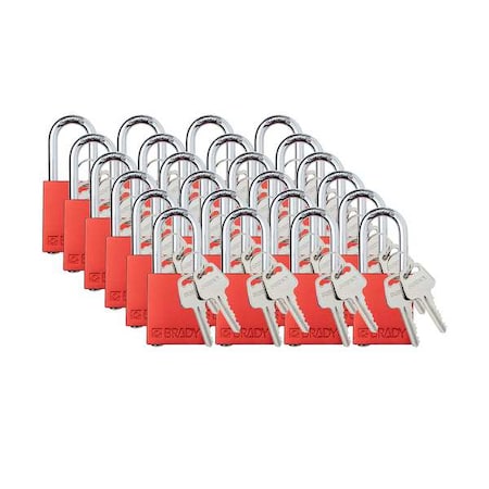 Padlock, Keyed Alike, Aluminum, Red, 1 1/2 in Shackle Height, 1 1/2 in Body Width, 48 No. of Keys