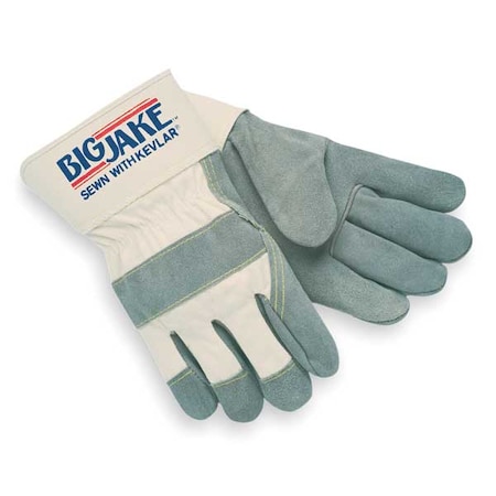 Leather Gloves, Cowhide, Safety Cuff, Wing Thumb, Full Finger, Gray/Tan, L, 1 PR