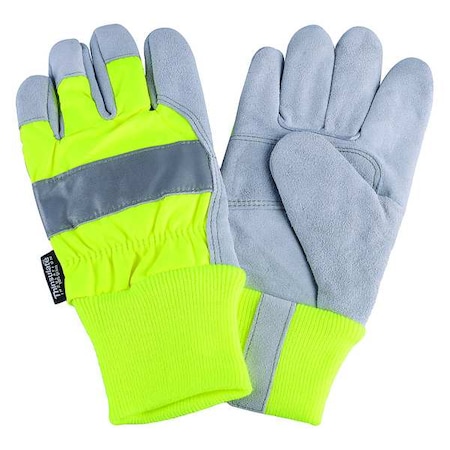 Leather Gloves, Cowhide, Knit Cuff, Wing Thumb, Full Finger, Lime, S, 1 PR