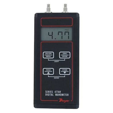Digital manometer, range 0-200.00" w.c., air velocity/flow modes.