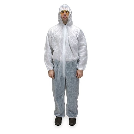 Hooded Disposable Coveralls, M, White, polypropylene, zipper