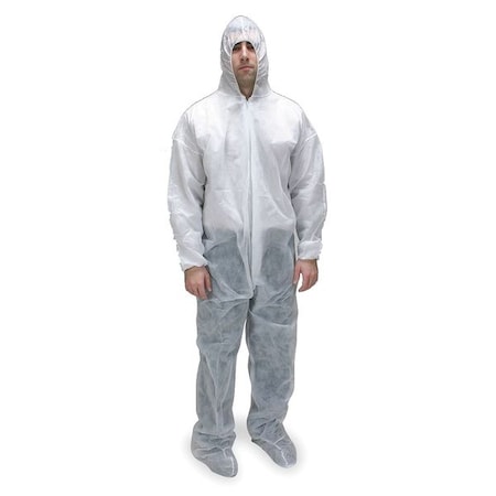 Hooded Disposable Coveralls, 4Xl, White, polypropylene, zipper