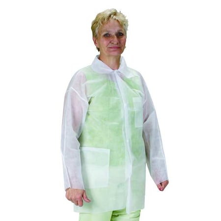 Disposable Lab Coat, Mandarin Collar, Polypropylene, Button Closure, Open Cuff, 3XL, White, PK25