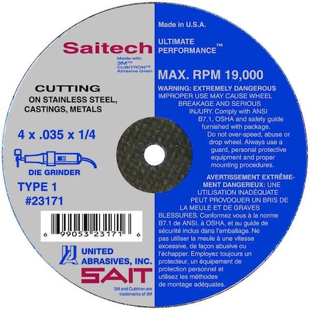 Abrasive Cut-Off Wheel, Type 1, 3 in Dia, 0.0625 in Thick, 3/8 in Arbor Hole Size, Ceramic, 46 Grit