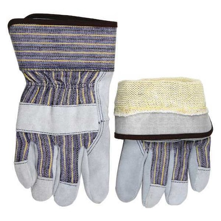 Leather Gloves, Cowhide, Safety Cuff, Wing Thumb, Gray (Palm), Blue/Yellow/Black Stripe (Fabric), M