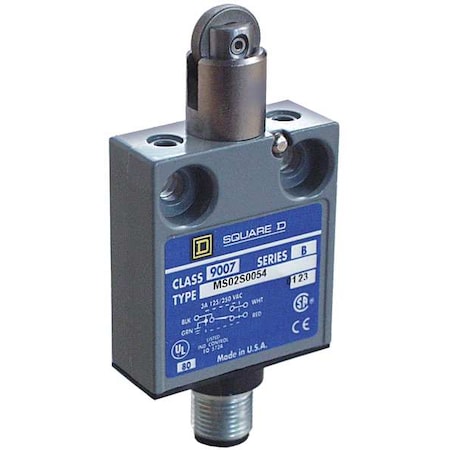 Limit Switch, Plunger, Roller, SPDT, 6A at 240V AC, Actuator Location: Top