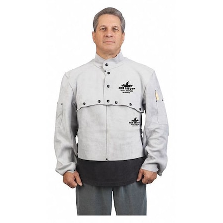 Welding Cape Sleeve, Leather, 32 oz/sq yd, 26 in Length, Snap Closure, 2 Pockets, Gray, XL