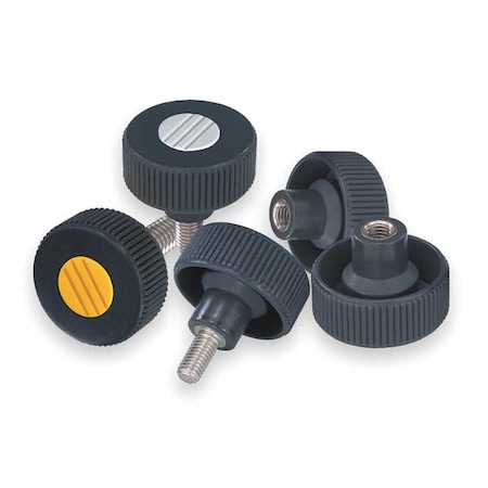 Knurled Knob, Sz: 1, D1= 40 D=1/4-20X30, Form L, Plastic Black, Comp: Stainless Steel, Cap: Black