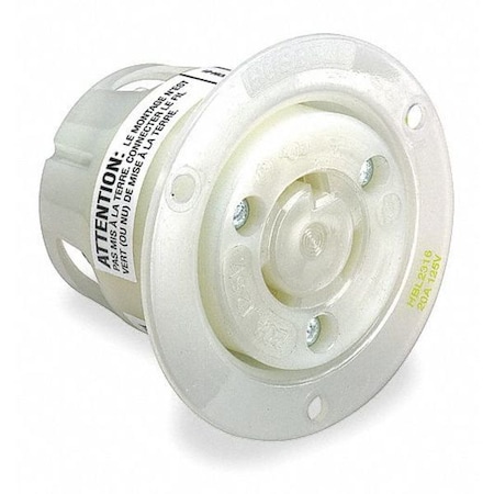 Flanged Locking Receptacle, L8-20R, 20 A, 480V AC, Single Phase, 2 Pole, Flush Mount, White