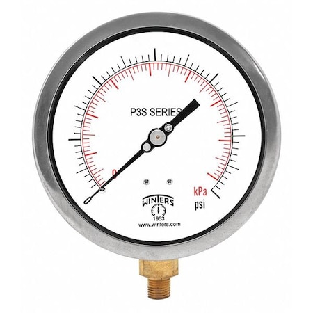 Industrial Pressure Gauge, 0 to 100 psi, 6 in Dial, 1/4 in NPT, Bottom Location