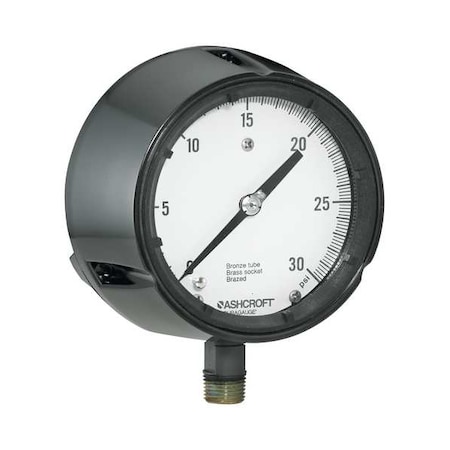 Process Pressure Gauge, 0 to 100 psi, 4 1/2 in Dial, 1/2 in NPT, Bottom Location