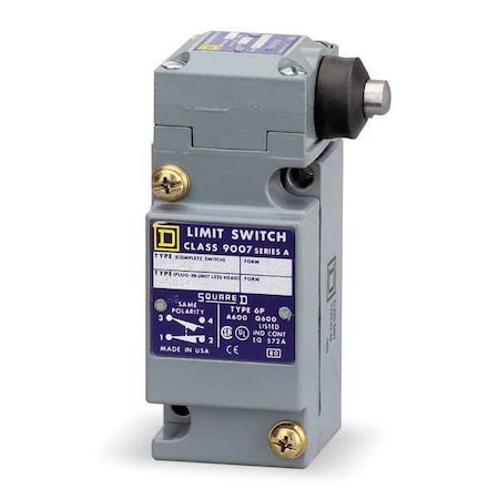 Heavy Duty Limit Switch, Plunger, 2NC/2NO, 10A at 600V AC, Actuator Location: Side