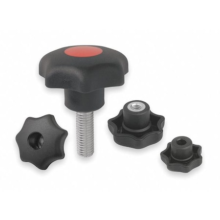 Star Grip, DIN 6336 Similar, D=M08X15, D1= 40, External Thread, Steel, Black Plastic, Cap: Black
