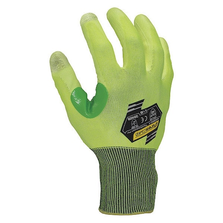 Hi-Vis Cut Resistant Coated Gloves, Cut Level A2 ,Dipped ,Polyurethane ,Smooth ,M 1 PR