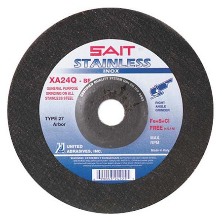 Depressed Center Grinding Wheel, Type 27, 4 1/2 in Dia, 0.25 in Thick, 7/8 in Arbor Hole Size