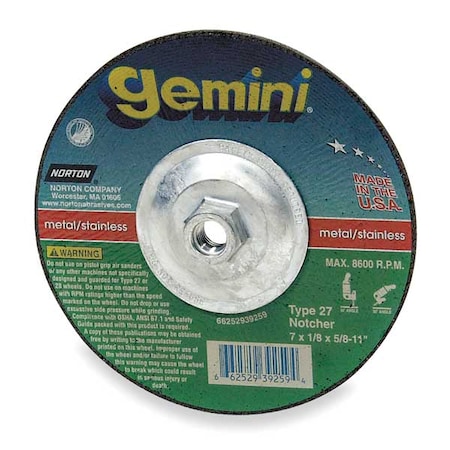 Cut-Off & Grinding Wheel, Type 27, 9 in Dia, 0.125 in Thick, 5/8"-11 Arbor Hole Size, 24 Grit