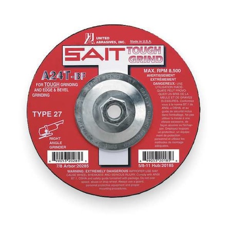 Depressed Center Grinding Wheel, Type 27, 4 1/2 in Dia, 0.25 in Thick, 5/8"-11 Arbor Hole Size