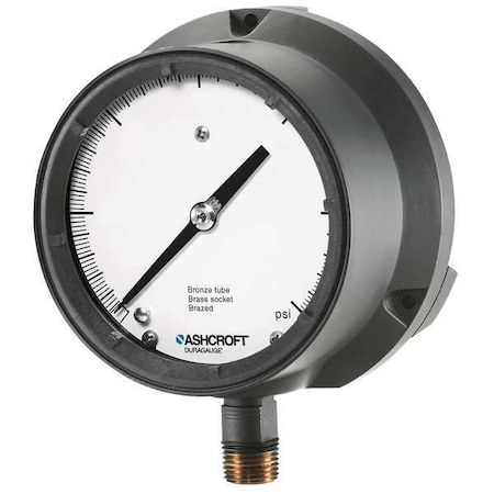 Process Pressure Gauge, 0 to 100 psi, 4 1/2 in Dial, 1/2 in NPT, Bottom Location