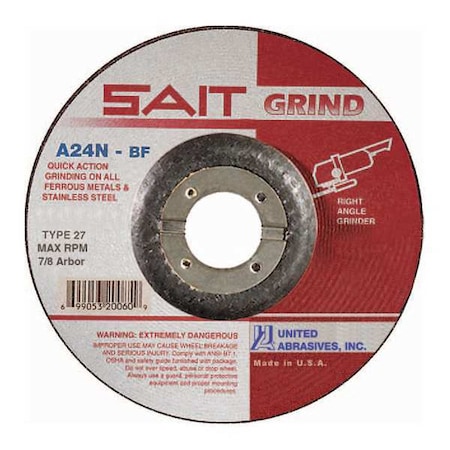 Depressed Center Grinding Wheel, Type 27, 4 1/2 in Dia, 0.1875 in Thick, 7/8 in Arbor Hole Size