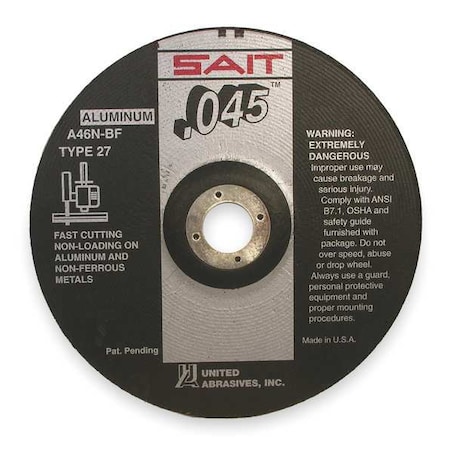 Depressed Center Cut-Off Wheel, Type 27, 7 in Dia, 0.045 in Thick, 7/8 in Arbor Hole Size, 46 Grit