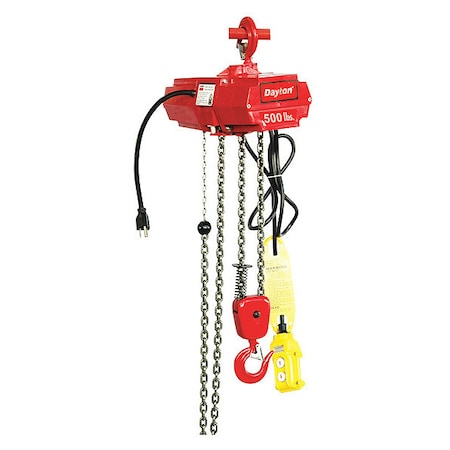Electric Chain Hoist, 500 lb, 10 ft, Hook Mounted - No Trolley, 115V AC, Red