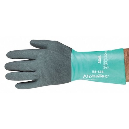 AlphaTec(R) 58-128 Chemical Resistant Gloves, Nitrile, 12 in L, 7 mil, Gray, Green, 7, 1 PR
