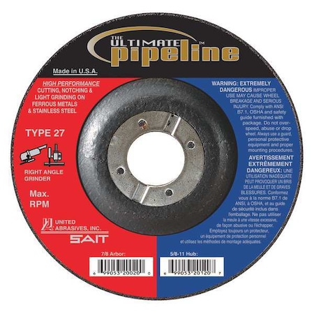 Cut-Off & Grinding Wheel, Type 27, 7 in Dia, 0.125 in Thick, 7/8 in Arbor Hole Size, 24 Grit