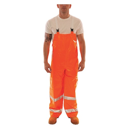 Hi-Visibility Rain Bib Overall, PVC, 33 in Inseam, 60 in to 62 in Waist, 14 mil Thickness, Orange