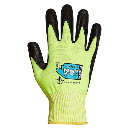 Hi-Vis Cut Resistant Coated Gloves, Cut Level A5 ,Dipped ,Microporous Nitrile ,Smooth ,9 1 PR