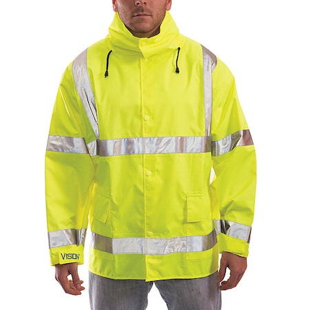High Visibility Rain Jacket with Hood, Polyester, Class 3 R, Green/Yellow, 2XL