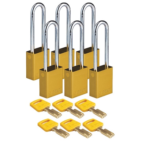 Lockout Padlock, Keyed Alike, Aluminum, Yellow, 3 in Shackle Height, 1 1/2 in Body Width, 6 PK