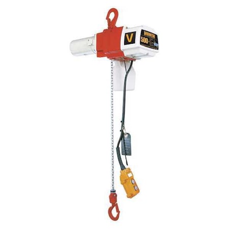 Electric Chain Hoist, 500 lb, 15 ft, Hook Mounted - No Trolley, 120V AC, White and Orange