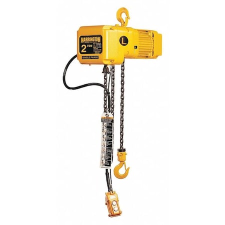 Electric Chain Hoist, 4,000 lb, 10 ft, Hook Mounted - No Trolley, 115/230V AC, Yellow