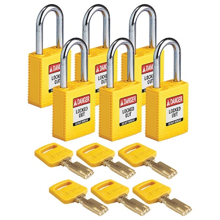 Lockout Padlock, Keyed Alike, Nylon, Yellow, 1 1/2 in Shackle Height, 1 1/2 in Body Width, 6 PK