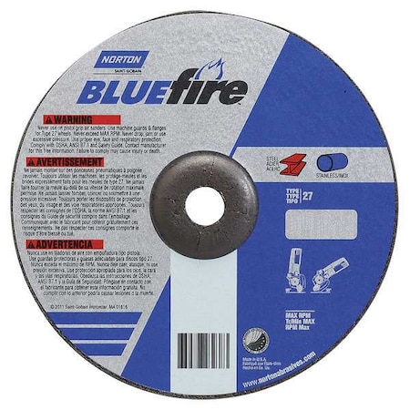 Depressed Center Grinding Wheel, Type 27, 4 1/2 in Dia, 0.25 in Thick, 7/8 in Arbor Hole Size