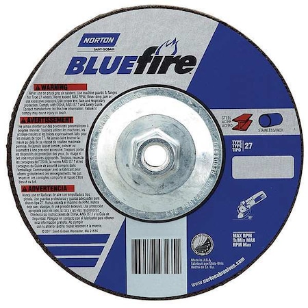 Depressed Center Grinding Wheel, Type 27, 7 in Dia, 0.25 in Thick, 5/8"-11 Arbor Hole Size, 24 Grit