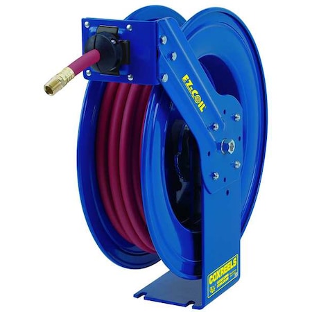 Spring Return Hose Reel, 3/8 in Hose Diameter, 75 ft Length, 300 psi Max. Pressure, Brass, Blue
