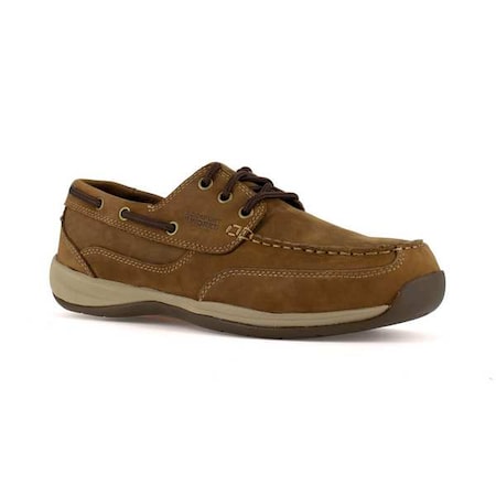 Men's Boat Shoe, Steel Toe, Leather Upper, Rubber Outsole, Lace Up, Brown, 8 W