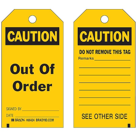 Caut Tag,5-3/4 x 3 In,Bk/Yel,3/8 In,PK10, 86424
