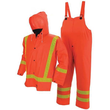 Flame Resistant 3 Piece Rain Suit, Polyester, PVC, 0.35 mm Thick, Detachable, Orange, 3XL