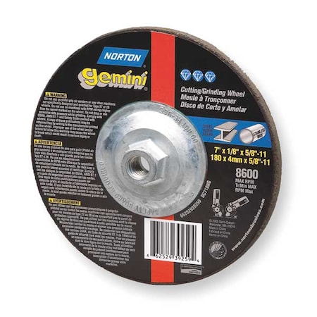 Depressed Center Cut-Off Wheel, Type 27, 7 in Dia, 0.0938 in Thick, 5/8"-11 Arbor Hole Size