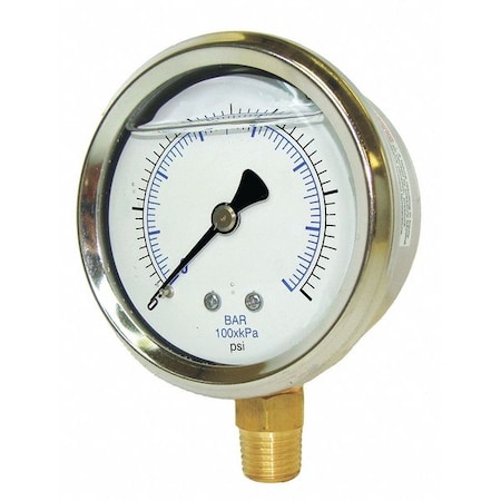 Industrial Pressure Gauge, 0 to 100 psi, 2 in Dial, 1/8 in NPT, Bottom Location
