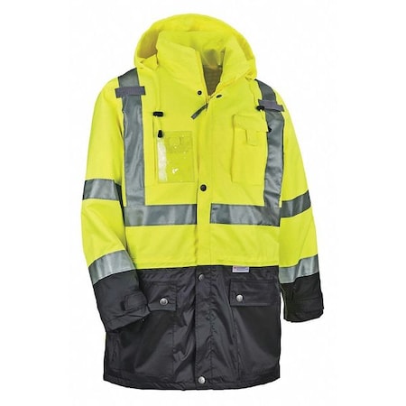 Hi-Vis Jacket, 300D Oxford Polyester Outer Shel, Class 3 Type R, Lime/Black, 5XL