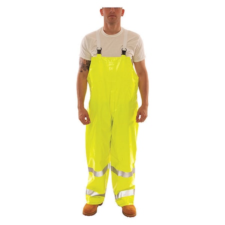 Hi-Visibility Rain Bib Overall, Polyester/PVC, 32 in Inseam, 56 in to 58 in Waist, 14 mil Thickness