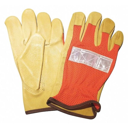 Leather Drivers Gloves, Shirred Slip-On Cuff, Keystone Thumb, High-Visibility Orange, XL, 1 PR