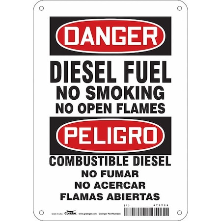 No Smoking Sign, 10 in Height, 7 in Width, Aluminum, Horizontal Rectangle, English, Spanish